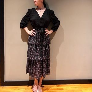 Dress S maxi black flounce long 2 4 sleeve belt